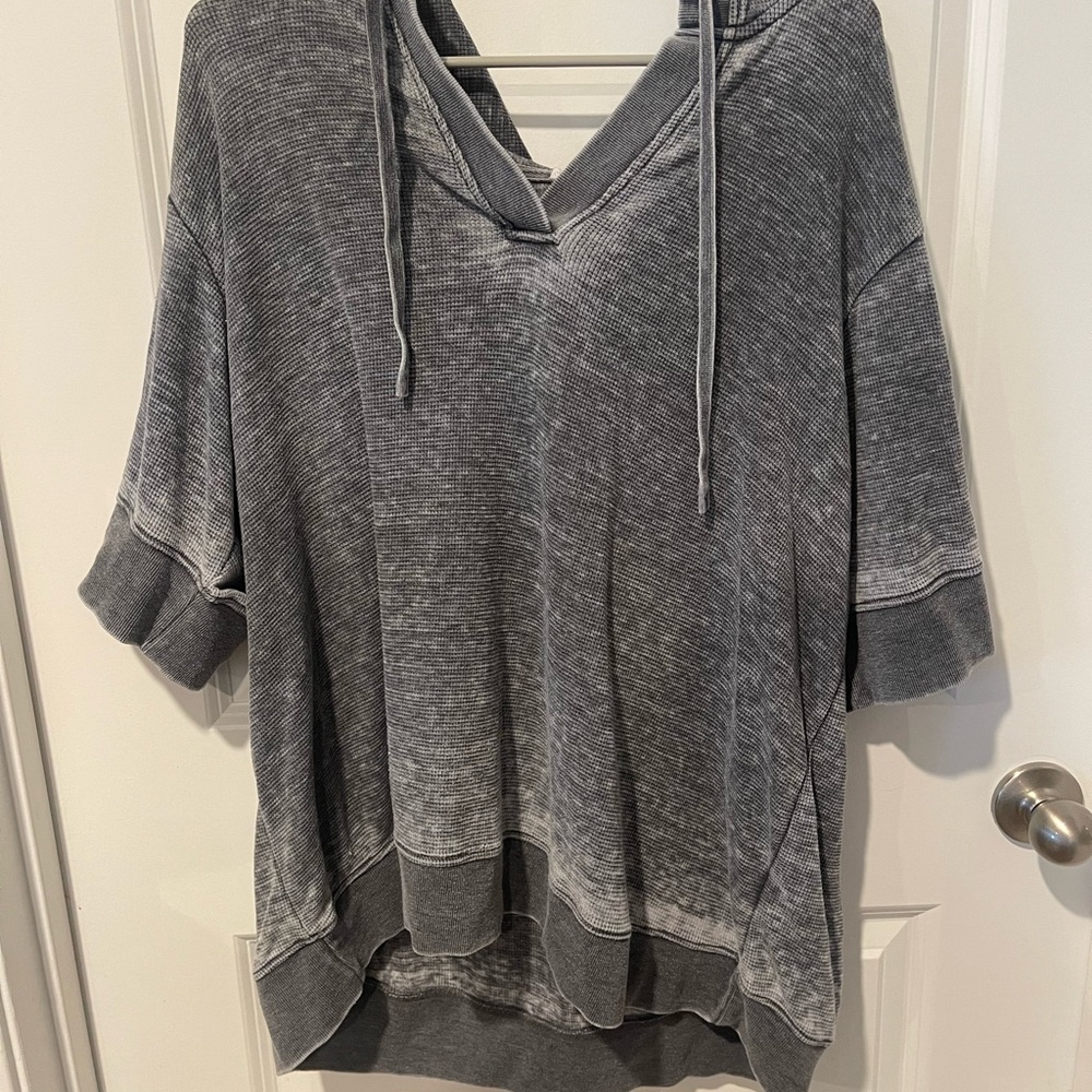 Jane and Delancey Washed Gray V-Neck Short Sleeve Hoodie